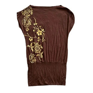 BEBE Vintage Brown Gold Jersey Knit Top S